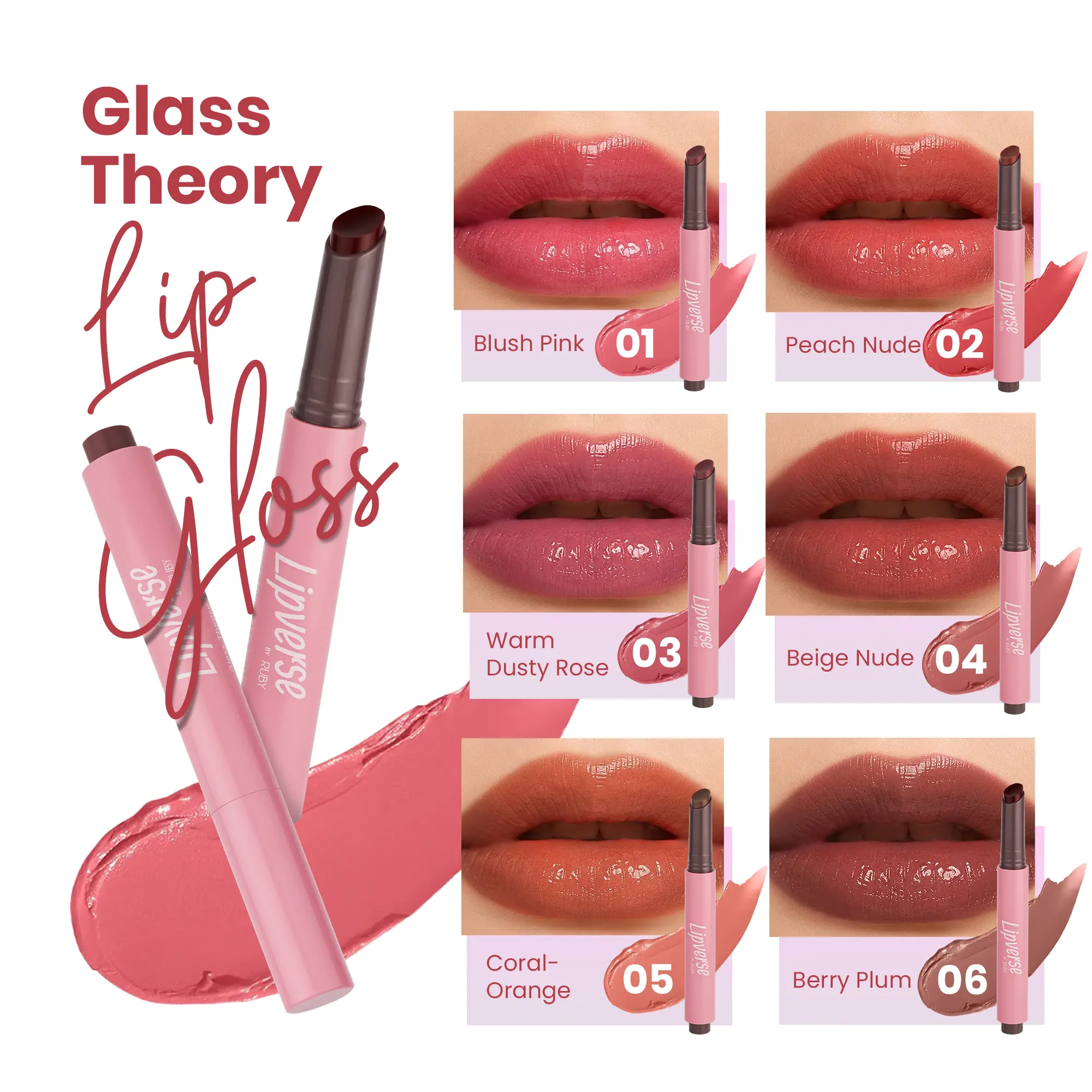 RUBY VIBE CO Glass Theory LipGloss, Makeup Lip Gloss with Moisturizing Shine, Tinted Lip Gloss for Women & Girls, Smooth Long-Lasting LipGloss, Pink Lip Gloss