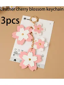 3pcs Leather Sakura Keychain Bag Charm, Premium PU Material, Floral Design Elegance, Fashion Simple Aesthetic Style