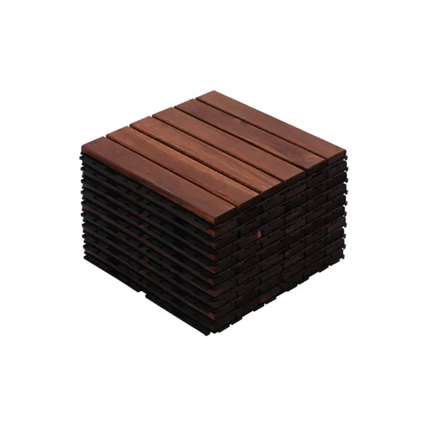 10 PCS Interlocking Decking Tiles, 12in x 12in Square Striped Waterproof Acacia Wood Outdoor Flooring, Drainage Safe for Patio, Balcony Outdoor Spaces