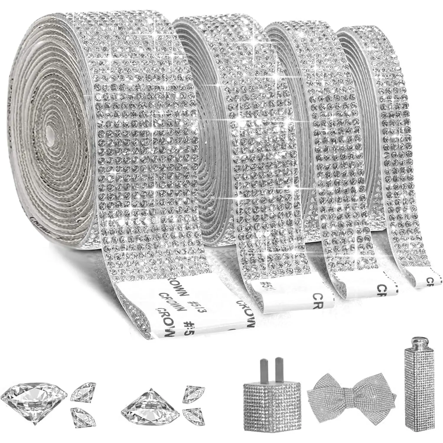 4 Rolls Self-Adhesive  Rhinestone Ribbon,  Bling Ribbons with 2 mm Rhinestones Sticker for Arts Crafts Wedding Birthday Party DIY Event  Phone Decoration()
