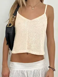 This Sequin Ribbed Cami Straps is Chic Casual Summer Glow Vibes V Neck Short Cropped Fitted Lightweight Tank Top Vest