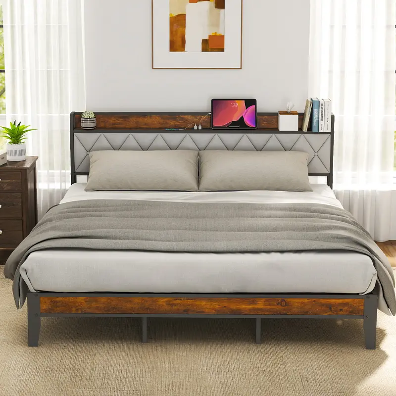 Sweetcrispy Heavy Duty Platform Bed Frame with Headboard - Tool-Free Assembly, Noiseless, Built-In Charging Ports, Hidden Storage, No Box Spring Needed, Queen Size, Modern Bedroom Furniture for Queen Beds, Bedframe With Headboard