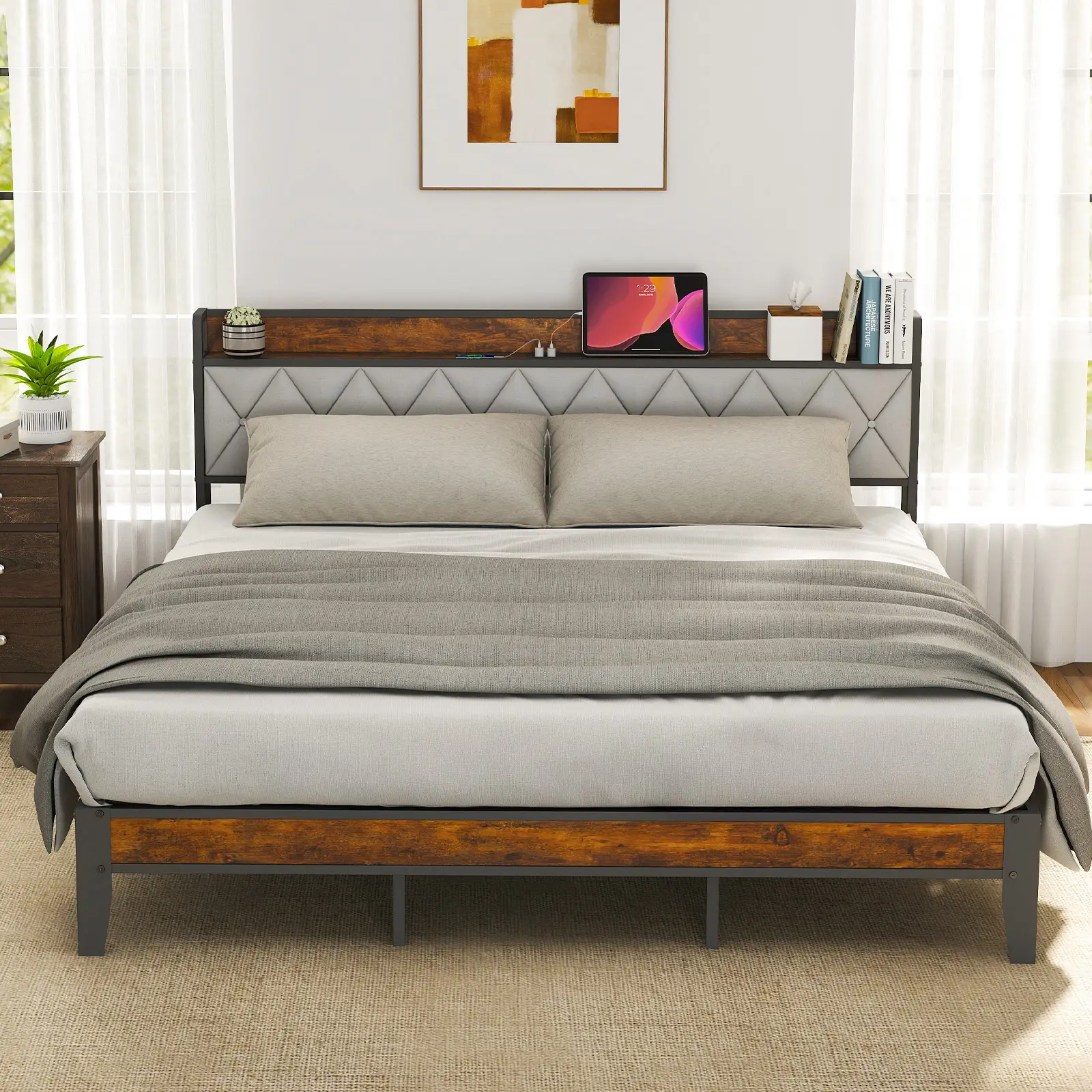 Full Bed Frame with Headboard, Underbed Storage, Built-in Charging Ports, Sturdy Noiseless Design, Tool-Free Assembly, No Box Spring Needed