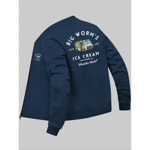 Men’s zip-up jacket with letter and bus print, regular fit, casual and comfortable long sleeves with a mock neck for everyday wear; men’s clothing suitable for all seasons