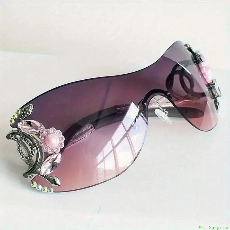 Women's Oversized Semi-Rimless Polyamide Stage-Inspired Sunglasses - Sparkling Pink Floral Detailing, Gradient Purple-to-Pink Blue Light Blocking Lenses, Trendy Eyewear for Photoshoots, Parties, Stage-Inspired Women's Sunglasses, Floral Women's Sunglasses