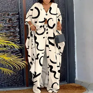 2026 ChicMe Women's Abstract Print High Slit Longline Top & Pants Set Elegant Casual