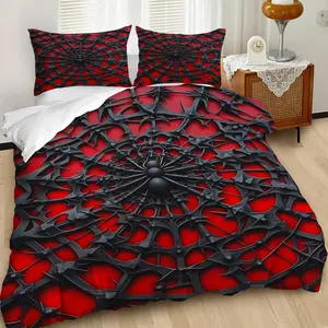 2/3Pcs Vivid Red Spiderweb Duvet Cover Set, Intricate Black Spider and Geometric Pattern Bedding Set, Glossy Finish for Striking Bedroom Decor, Perfect for Unique Home Aesthetic. Includes 1 or 2 Pillowcase - No filling/Zipper Closure