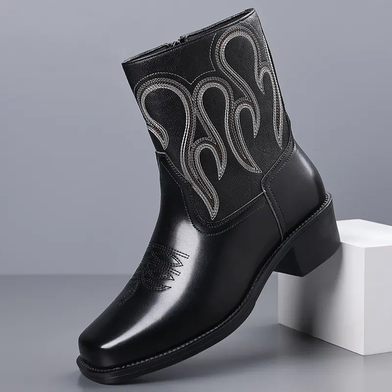 Men's Western Cowboy Ankle Boots, Embroidered Leather Boots with Chunky Heel, Pointed Toe, Fashion Casual Footwear for Fall Winter Riding