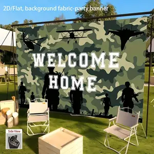 1pc 2D Flat Welcome Home Military Art Print Party Banner - Fabric Backdrop with Helicopters & Soldiers, Green Camouflage Design for Military-Themed Events, Weddings, Birthdays, Bars, Cafes, Military Event Decor
