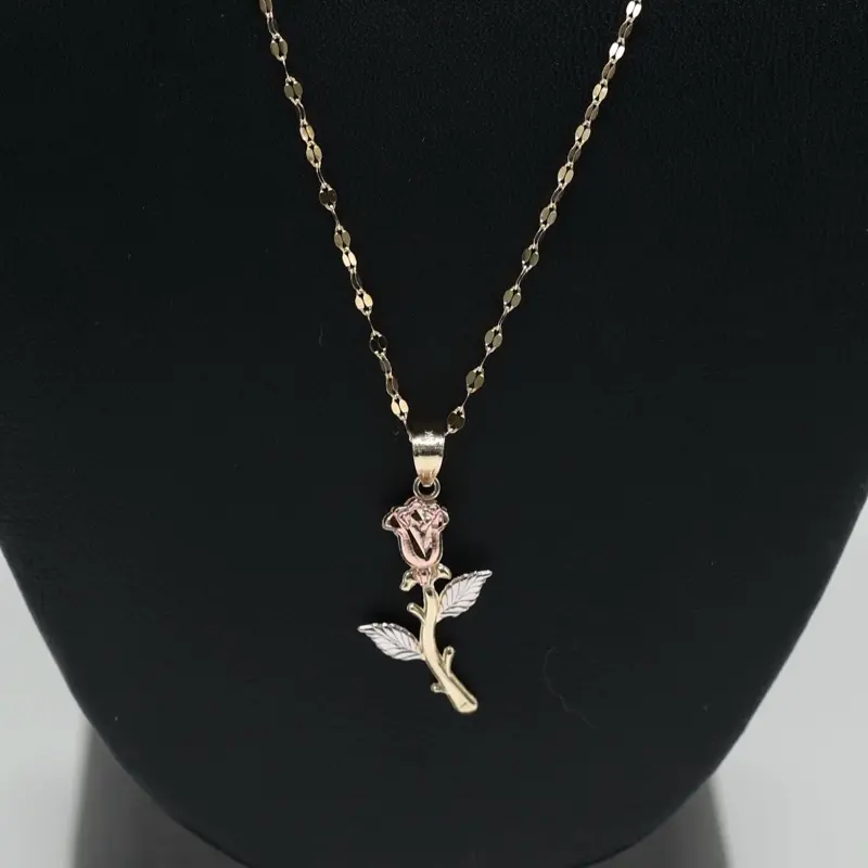 14K Gold 18” Mirror Chain with 3 Tone Rose Pendant Necklace Set