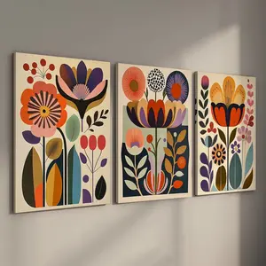 3 Counts Wood Framed Canvas Scandinavian Art Norwegian Folk Art Vibrant Floral, Modern Floral Paintings, Nordic Wall Art, Boho Wall Decor, Ready To Hang, Hanging Wall Art, Waterproof Canvas Wall Art, Wall Picture for Living Room, Bedroom