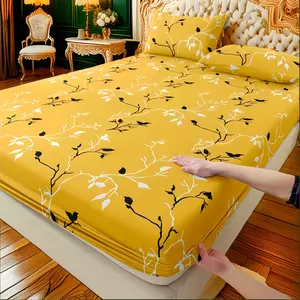 3pcs Spring/Summer Yellow Branches and Leaves Fitted Sheet Set / 2 Pillowcases / 1 Fitted Sheet / Twin Bed / Full Bed / Queen Bed / King Bed - Shrink and Fade Resistant - Soft and Skin-Friendly / Easy to Care for - Snug Fit for Easy Mattress