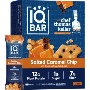 IQBAR x Chef Thomas Keller - Salt Caramel Chip 12ct - Brain and Body Plant Protein Bars - Low Carb, High Fiber, Gluten Free, Vegan Snacks