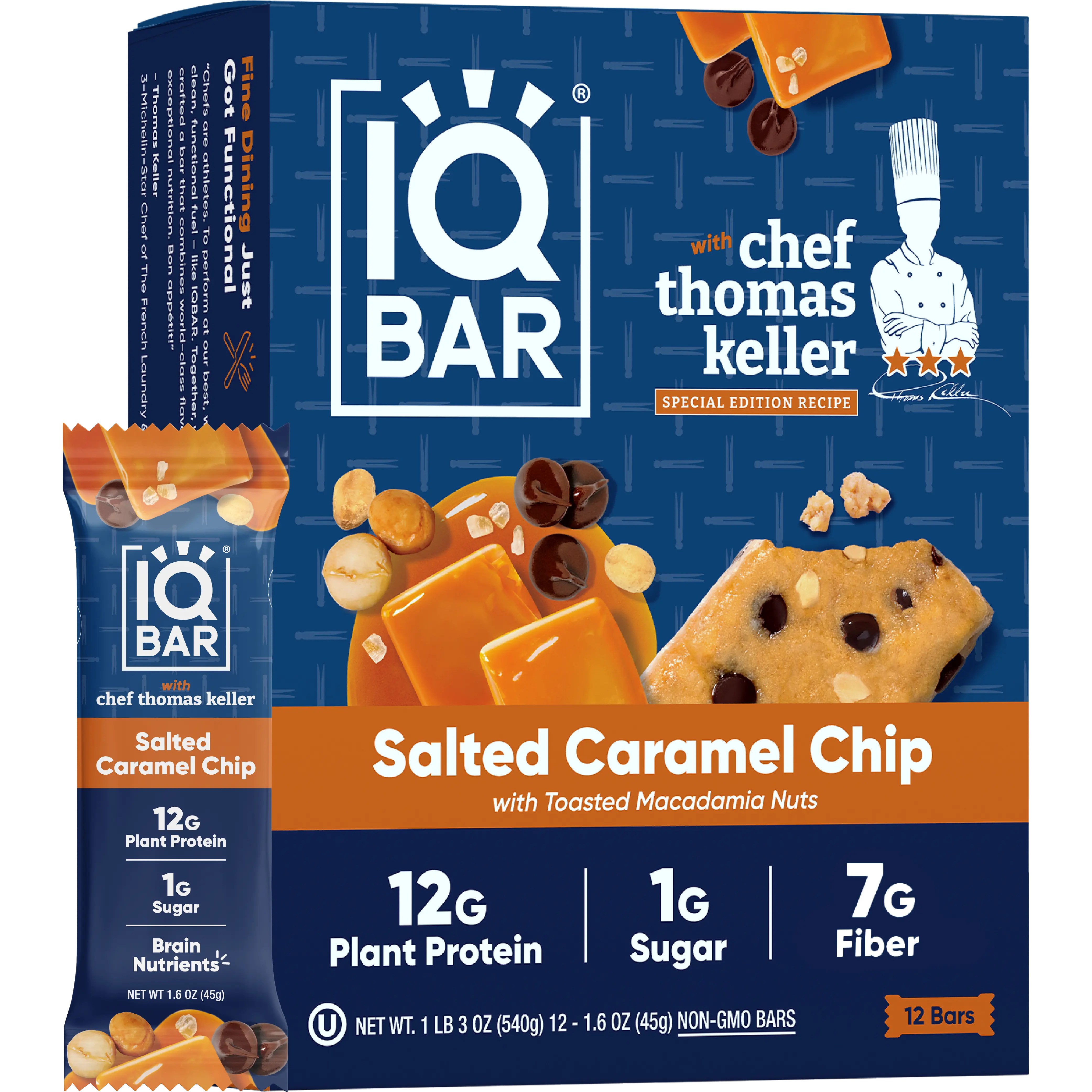 IQBAR x Chef Thomas Keller - Salt Caramel Chip 12ct - Brain and Body Plant Protein Bars - Low Carb, High Fiber, Gluten Free, Vegan Snacks