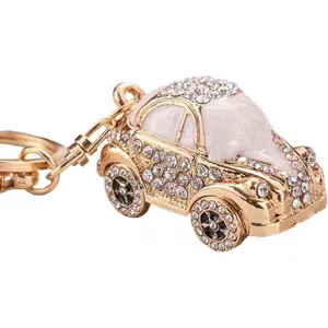 3D Mini Car Keychain Gold Plated Alloy Crystal Key Ring with Rotatable Wheels for Women Girls Fashionable Purse Charm 7cm*3cm
