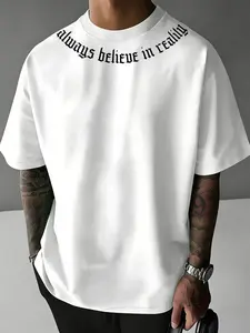 Mens Gothic Old English Letter Print T-Shirt, Heavyweight Menswear Streetwear Short Sleeve Fitted Tee with Unique Neckline Slogan Design for Daily Urban Outfits.