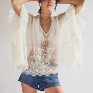 Women's Boho Sheer Lace Kimono Cardigan with Bell Sleeves & Ruffle Trim, Floral Crochet Lace Cover Up, Lightweight Flowy Beach Cover Up, Festival Outfit, Bohemian Summer Layer for Vacation, Resort & Daily Wear