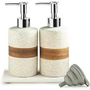 2-Pack Ceramic Soap Dispensers Set, Includes Stainless Steel Pump,  Funnel and Diatomaceous Tray, Hand Soap, Dish Soap, Shampoo and Conditioner Dispenser for Bathroom & Washroom, White