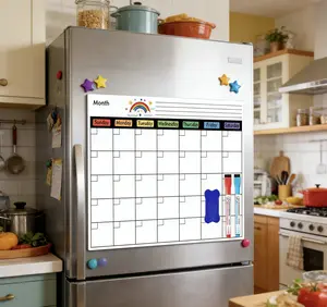 Magnetic Dry Erase Calendar for Fridge, Reusable Whiteboard Planner with 2 Markers & Eraser, Rainbow Design Meal & Schedule Tracker for Kitchen, Home & Family Organizing