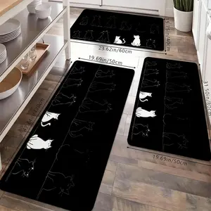 Black Cat Kitchen Rugs Set, Non-Slip Washable Floor Mats, Minimalist Cat Line Art Print Runner Carpets for Kitchen, Bathroom & Cat Lover Decor
