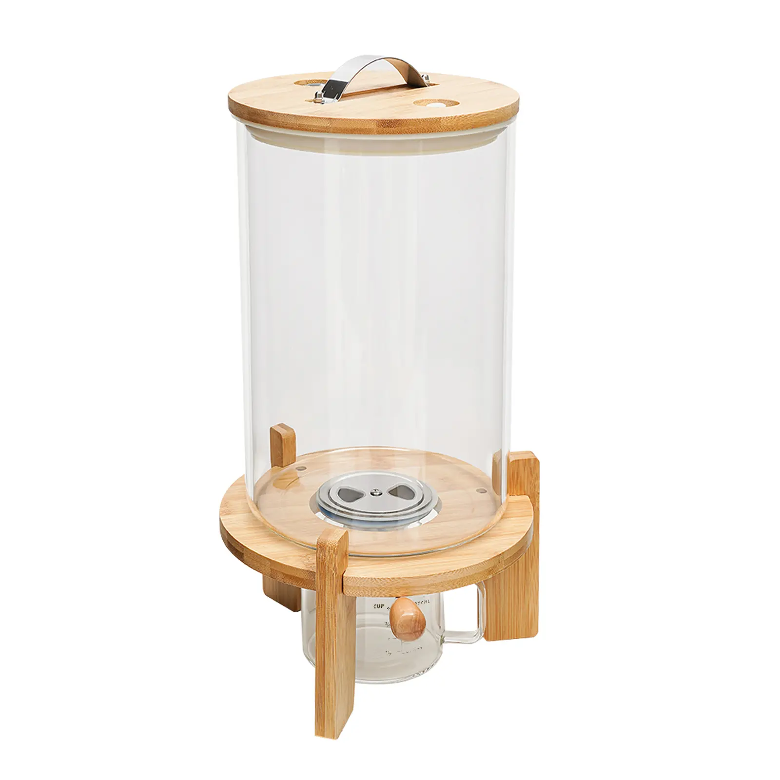 7.5L BPA-Free Food Grade Transparent Glass Rice Storage Container with Bamboo Lid, Wooden Stand, Airtight Seal, Measuring Cup, Bottom Pour Spout, Cross Dispenser - Easy-Clean Home Kitchen Grain Holder (20 cm Diameter, 45 cm Height, Natural Look), Durable