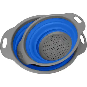 Collapsible Colander, Set of 2 PCS Collapsible Strainer, Space-Saving Kitchen, Food-Grade Silicone Folding Strainer Colander with Handle (Blue)