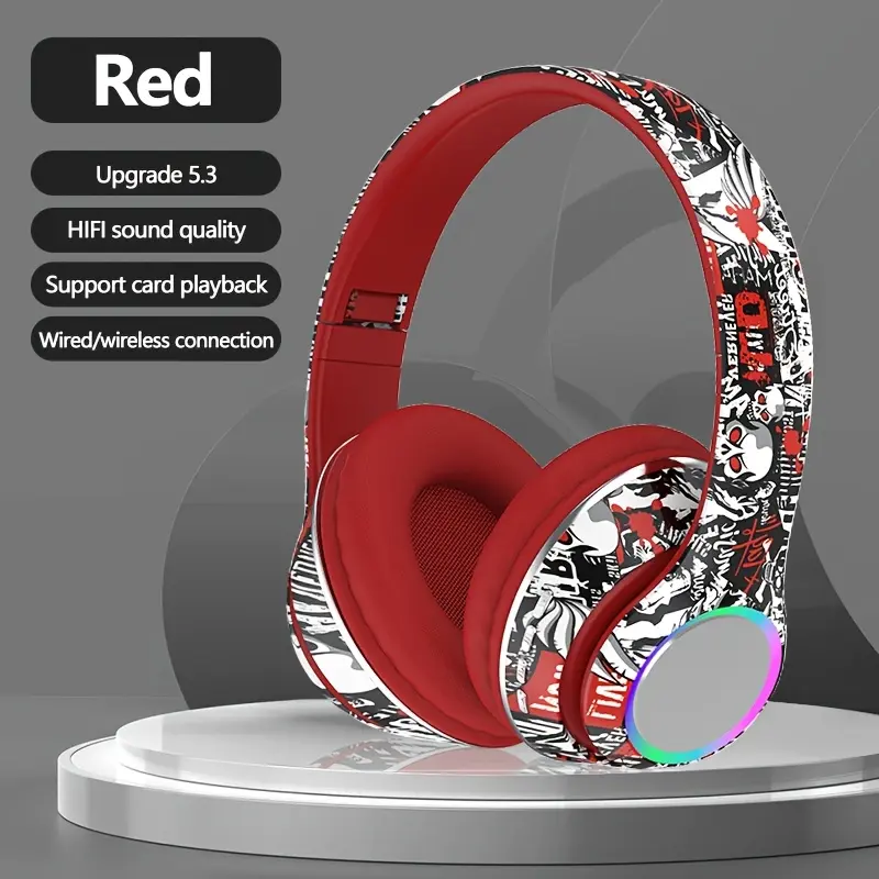 Wireless Gaming Headset with Graffiti Print, 3.5mm Stereo Phone Audio, Tangle-Free Cable, Mobile Phone-Compatible Electronic Device, Non-Water-Resistant for Music Enthusiasts
