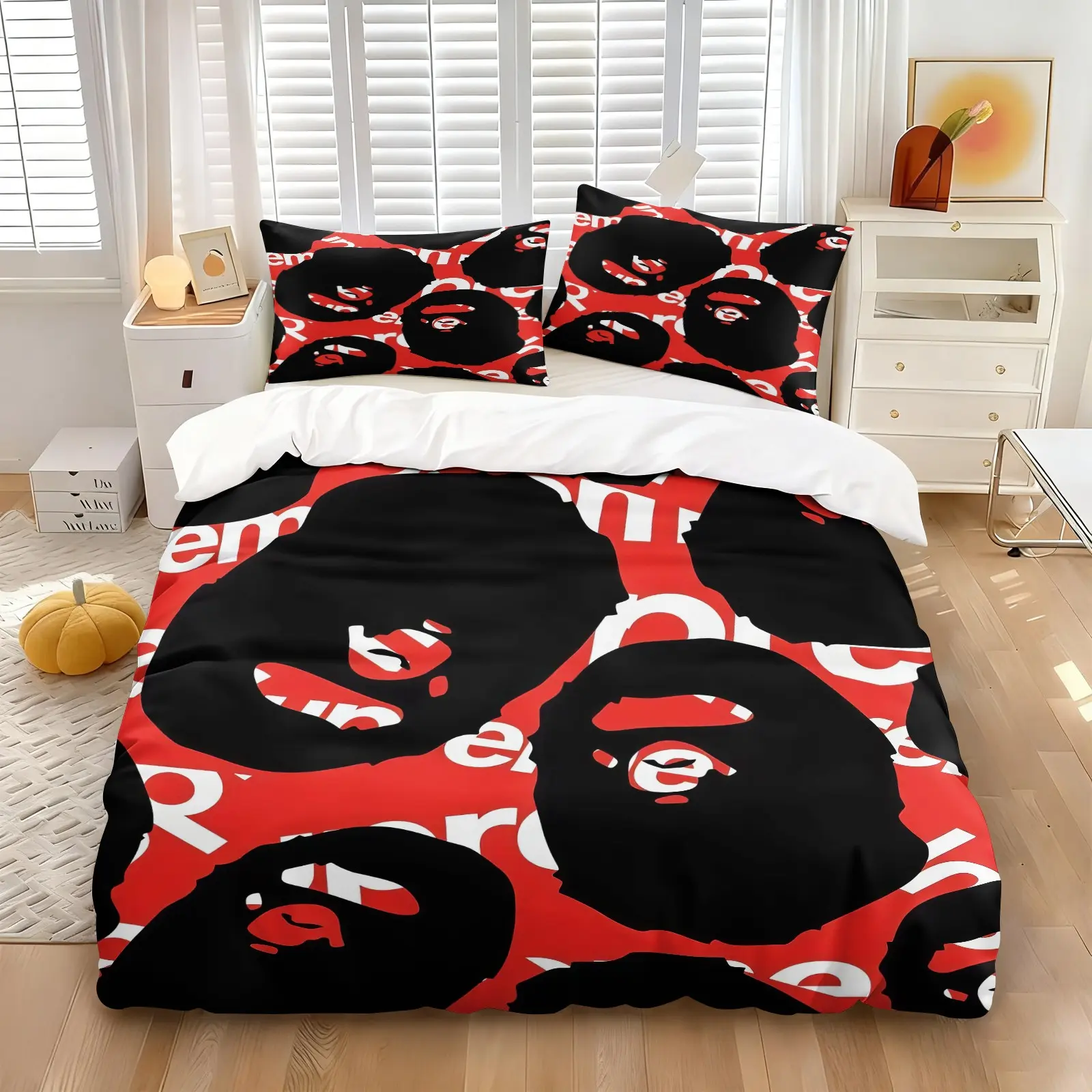 Red Black Streetwear Monkey Print Duvet Cover Set (1 Duvet + 2 Pillowcases, No Core), Soft Breathable Cozy Fabric, All-Season Trendy Bedding Printed Bedding Set for Teens & Boys Bedroom Decor Soft Bedding Sets