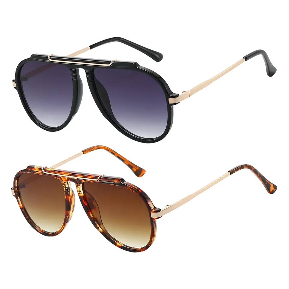 2-Pack Oversized Aviator Women's Sunglasses, 70s Retro Square Frame with Gold Metal Accents, Tangle-Free Design, Gender-Neutral Women's Sunglasses