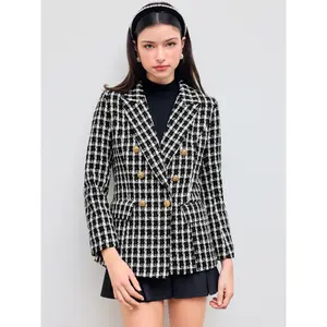Cider [size 2-26] Tweed Collar Check Pocket Button Blazer