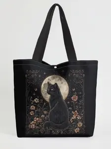 Cat Pattern Printed Casual Storage Bag, Night Scene, Fashionable and Trendy, Suitable for Daily Shopping, Office, and Various Occasions