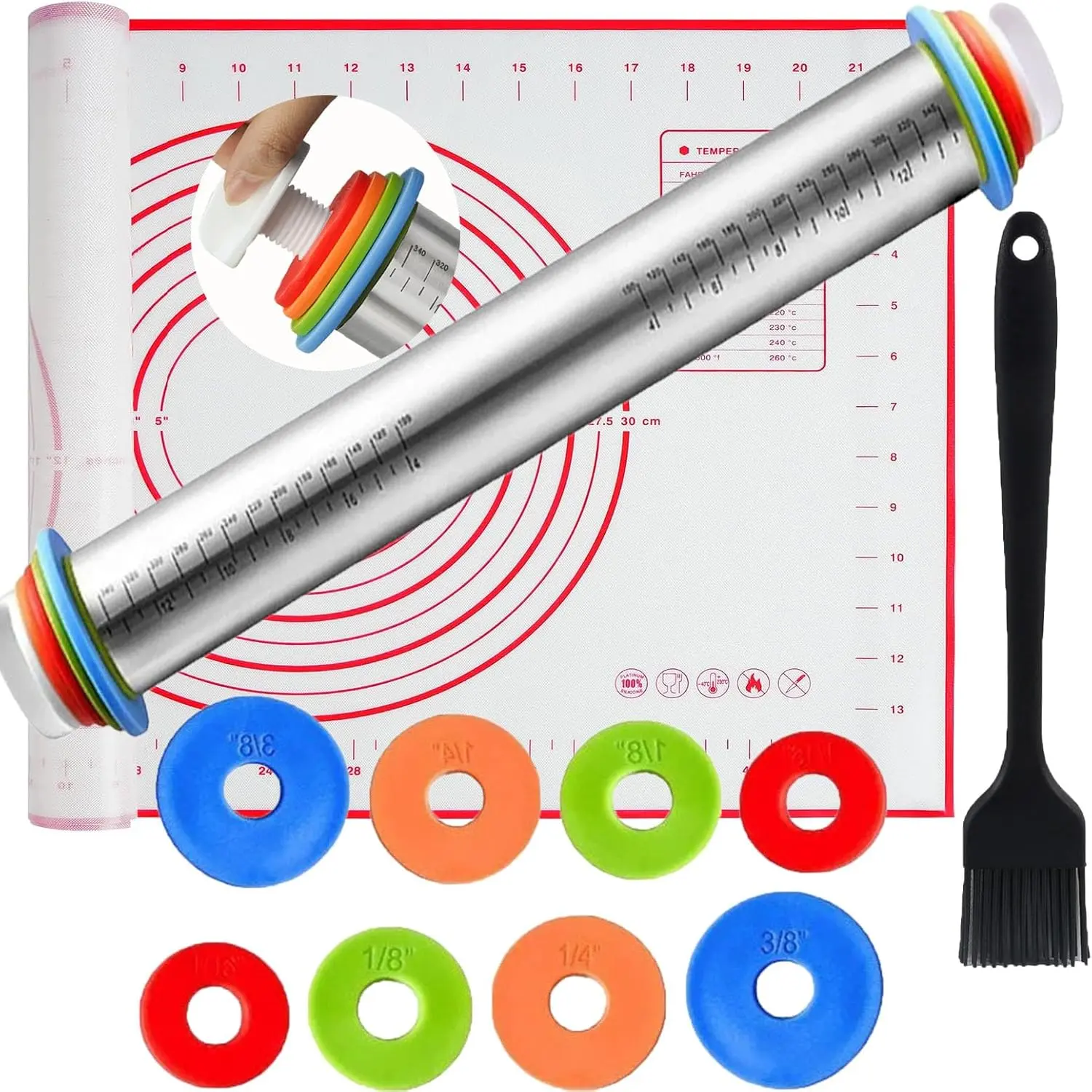 Bakeware Kitchen Adjustable Rolling Pin Set - 3-Piece Set with 17.4" Stainless Steel Dough Roller, Multi-Size Thickness Rings, Baking Pastry Mat, Measures for Dough Baking