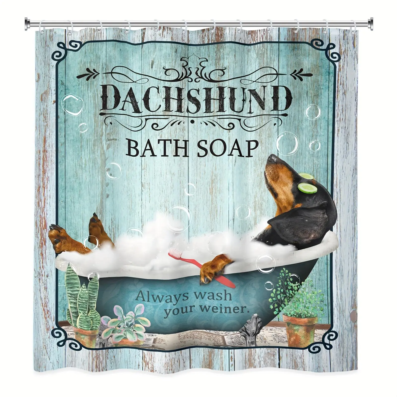 Funny Dog Bath Curtain Dachshund Bath Soap Vintage Blue Green Barn Door Animal Plant Rural Modern Wood Plank Print Bathroom Accessories with Plastic Hooks