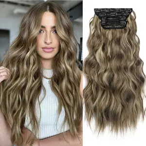 Plodon 4PCS Invisible Clip-In Hair Extensions 16"/20"/24" Long Wavy Thick Double Weft 180% Density Natural Look Synthetic Heat Resistant for Women