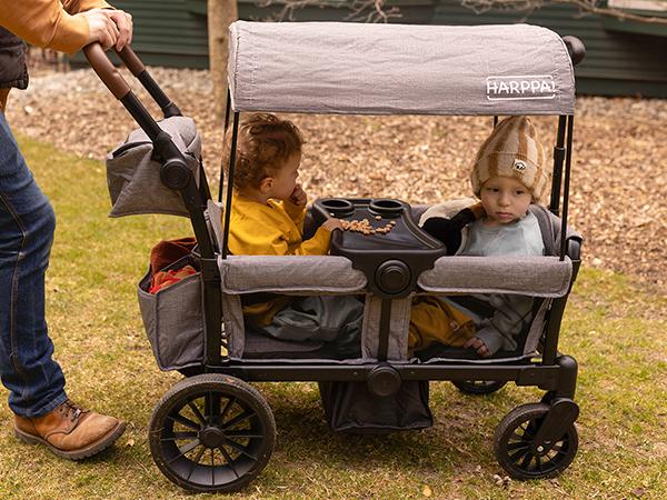 HARPPA Baby Stroller Wagon, All-Terrain Wagon Stroller for 2 with Canopy, Foldable 2 Kids Stroller, Wagon for Outdoor & Beach, Adjustable Handlebar, Parent Organizer, Travel System
