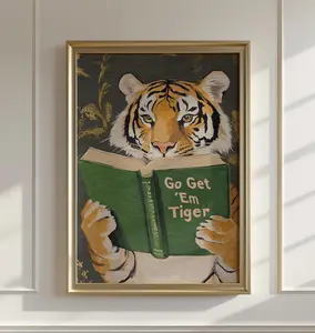 Motivational Tiger Reading Print: Humorous Bookworm Wall Art for Library, Office, or Study Decor