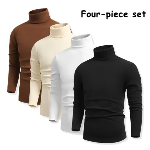 Men’s 4-Pack Fitted Turtleneck Long Sleeve Polyester Base Layer Tops, Soft Stretch Casual Mens Clothing, Fall/Winter Undershirts Multicolor Set