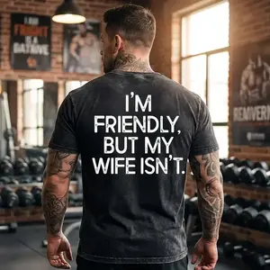 I'm Friendly But My Wife Isn't Funny Warning Acid Wash Oversized Shirt, Mineral Wash Retro Vintage T Shirt, Stone Mineral Wash 90s Style Top, Distressed Unisex 100% Cotton Grunge Tee