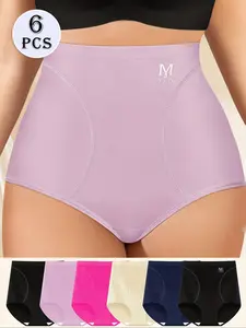 【Pluz Size】Women's High Waist Ice Silk Seamless Underwear Set, 6 Pcs Comfortable Slimming Briefs for Summer, Breathable & Stylish Design,0XL-6XL