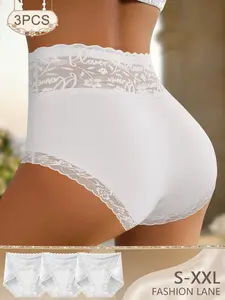 QUASTI 3 Pcs Women’s Mid Rise Lace Panties – Pure White Soft Stretch Briefs with Fashion Lace Design, Comfortable & Gentle for Everyday Wear, Date Night & Lounge, Romantic Gift for Her (S-XXL) Lace Underwear