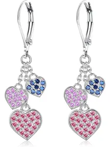 Heart Hoop Earrings for Girls Hypoallergenic Dangling Hoop with Earrings with 3 Mini Hearts & Crystals, Small Earring with Hoop for Children Jewellery Birthday Gift
