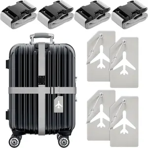 8 count Luggage Straps Suitcase Tags Set for TSA Approved, 4 Travel Adjustable Suitcase Belt, 4  Luggage Tags with Name ID Card Travel Accessories(Light Gray,Airplane)