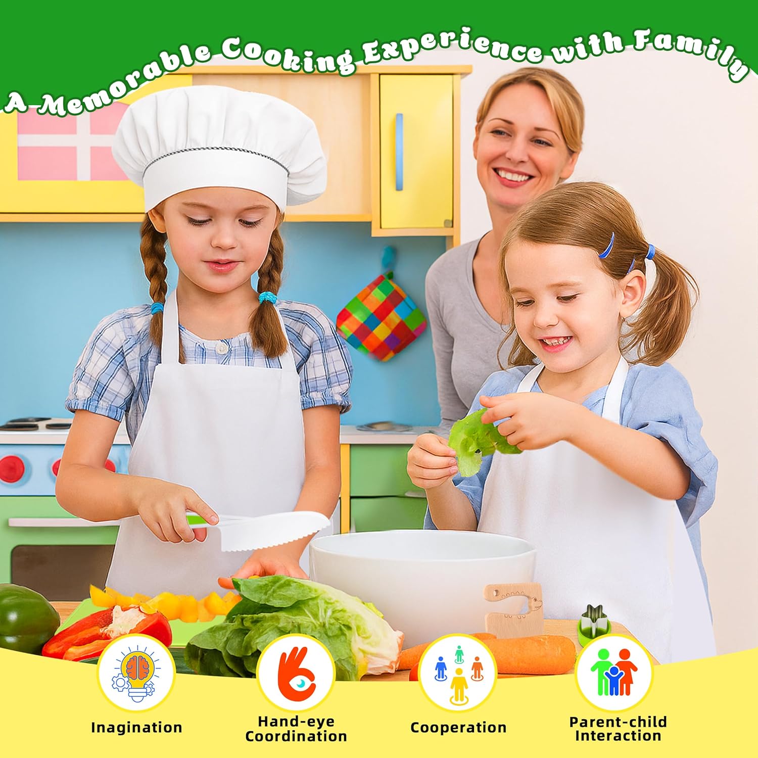 15-Piece Kids Cooking Set – Safe Real Cooking Tools for Toddlers & Children, Montessori Kitchen Toys, Kids Cutting & Cooking Set for Learning, Fun, Easter Gift