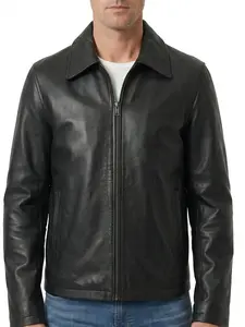 Men’s Black Leather Jacket Classic Zip-Up Slim Fit Shirt Collar Casual Biker Jacket