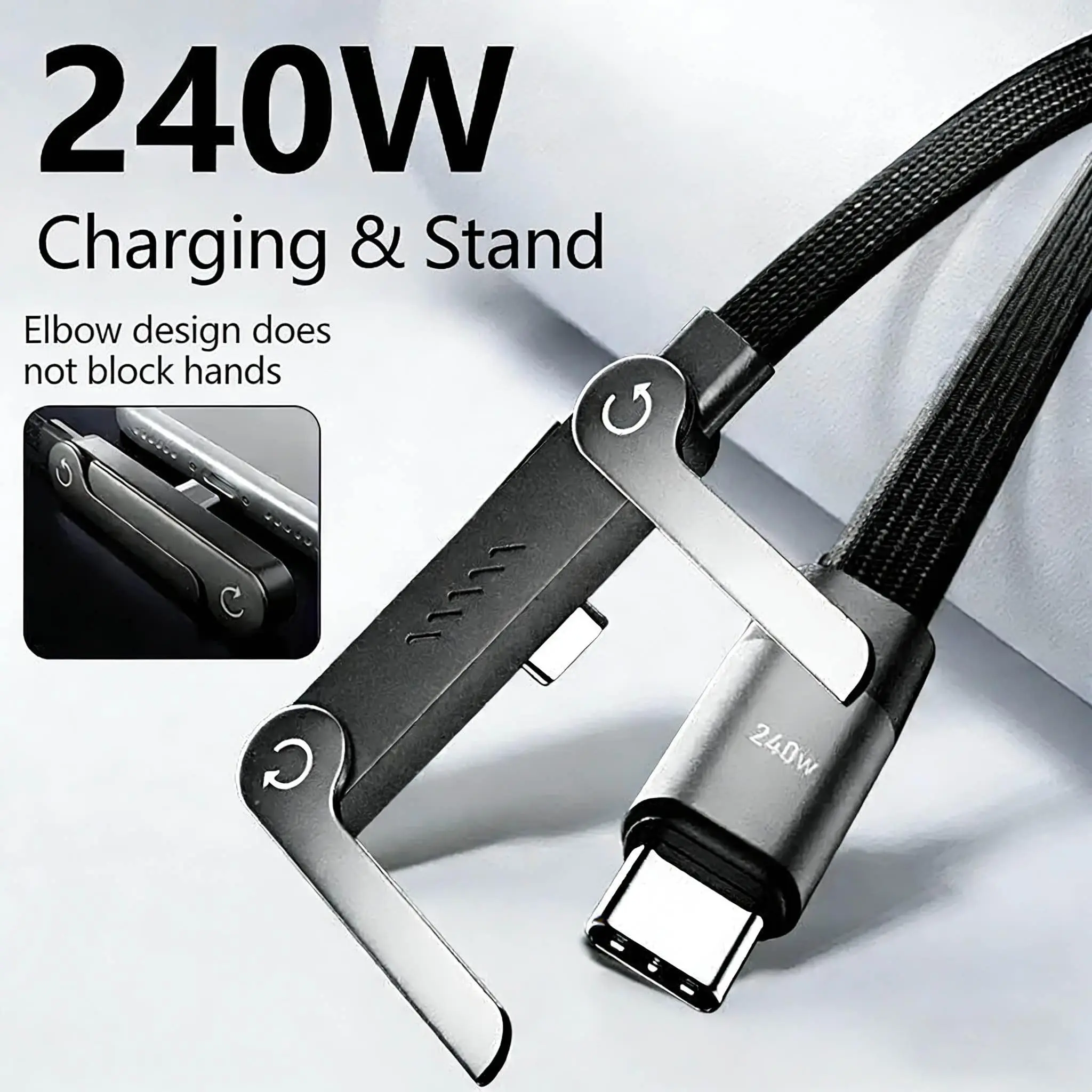 240W High Power USB-C to USB-C Charging Wire, Adjustable Rotatable Foldable Bracket Elbow Cable, Anti-block Hand Gaming Charging Cord for Cell Phone Laptop