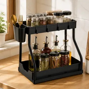 2-Tier Bathroom Cabinet Storage Rack with Hanging Cups (Suitable for Kitchen & Bathroom)  DoubleTier Under-Sink Organizer with Two Drawers UnderCabinet Storage Shelf with Hooks and Hanging Cups Multifunctional Kitchen & Bathroom Storage Rack Stand Display
