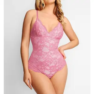 Popilush Basic Full Lace Shapewear Bodysuit Women Vneck Compression Sleeveless Thong Tummy Control Backless Adjustable Sexy Long Sleeve Bodysuit Womenswear
