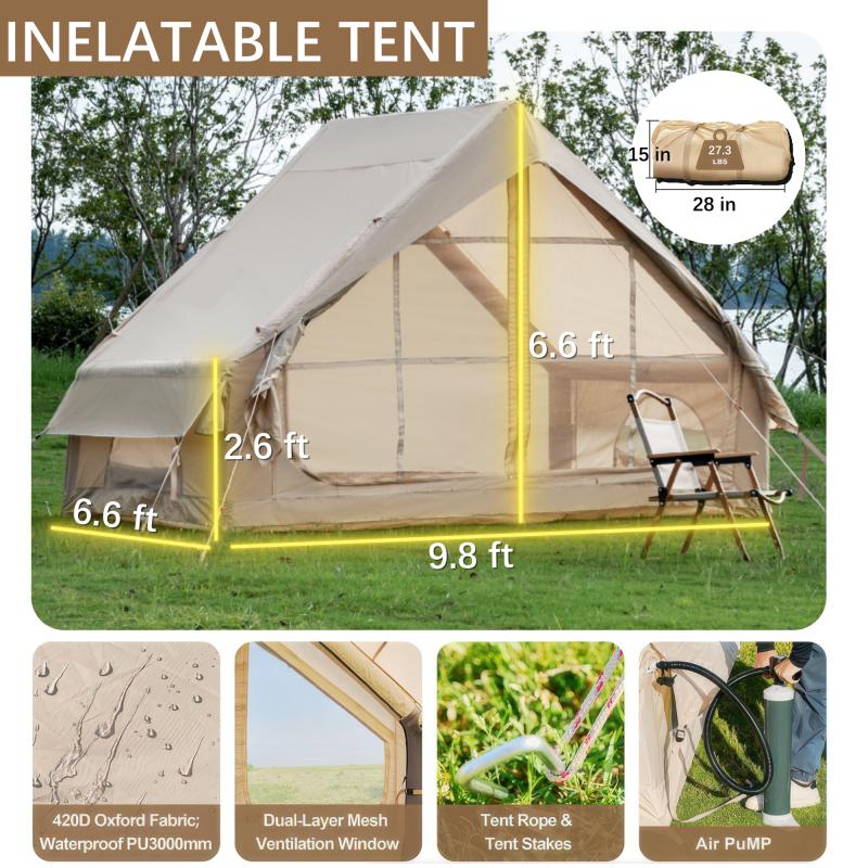 [Bellemave]Inflatable Tent With Pump,Glamping Tents For 4-6 Person, Easy Setup 4 Season Waterproof Outdoor Tent,Waterproof Luxury Glamping Tent with 12 Mesh Window