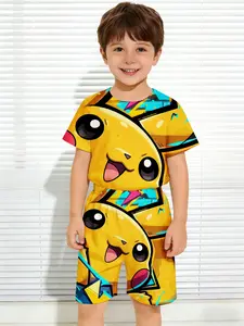 Boys' Short Sleeve + Shorts Set Pikachu Face Pattern With Geometric Shapes leisure sports fashion trend print spring and summer 2-piece set T-shirt printed cartoon pattern fashion
