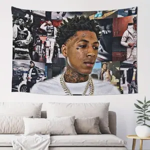 Young Music Never Rapper "Broke Again" Tapestry - Vibrant Wall Hanging Decor with Collage Design, Polyester Fabric, Perfect for Room, Bathroom, or Beach Towel Decoration, Rapper Room Decor
